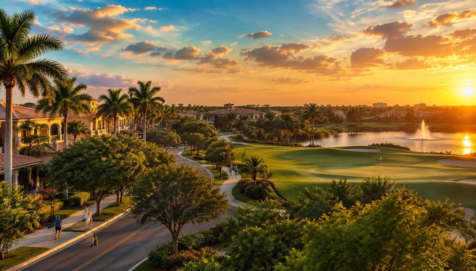 Doral al atardecer: calles arboladas, lagos y campos de golf